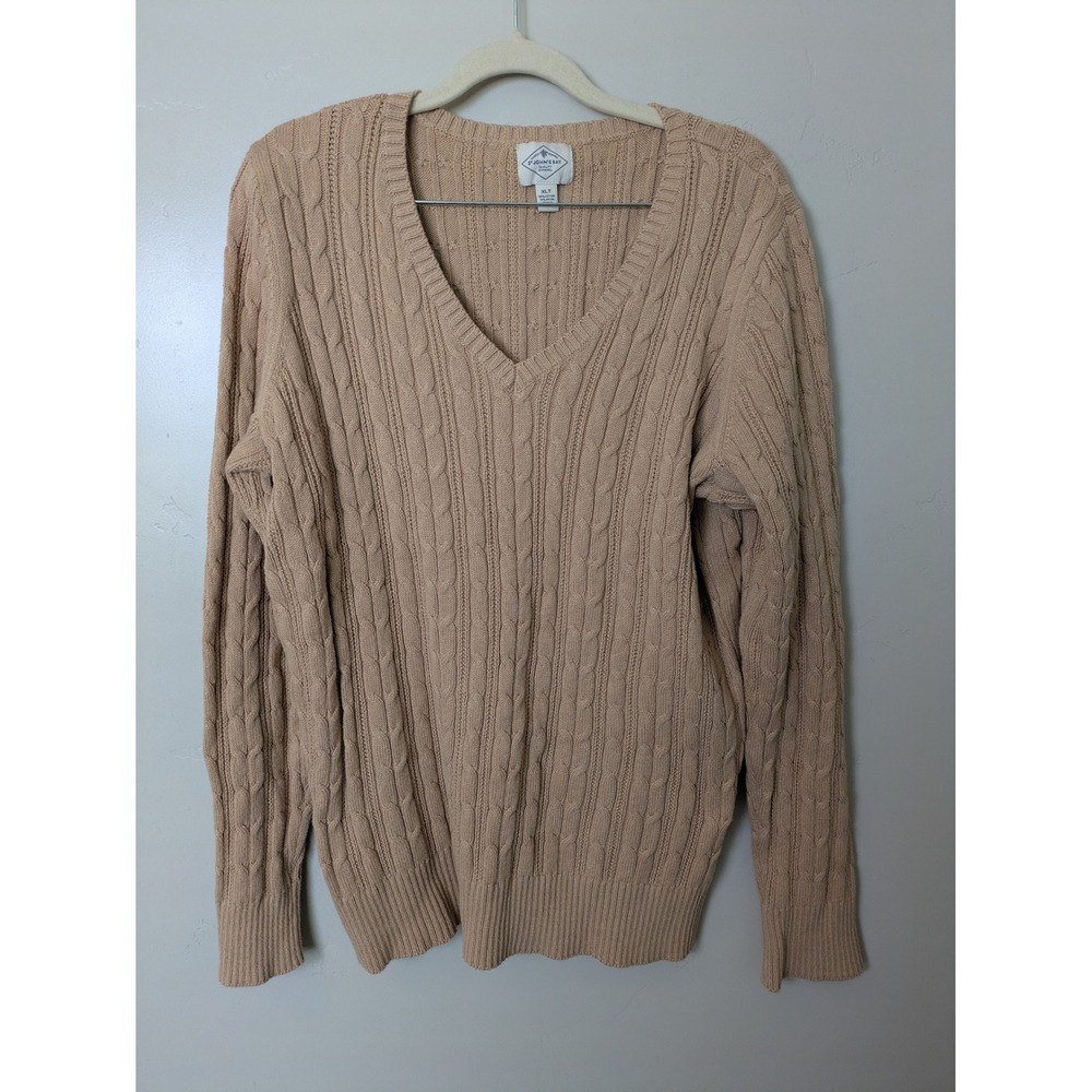 St John's Bay Sweater Women's XLT Tan V-Neck Cable Knit Long Sleeve Tall